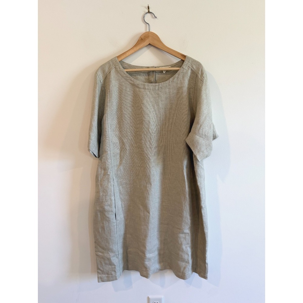 Eileen Fisher Organic Linen Metallic Shift Dress Beige Neutral Lagenlook XL